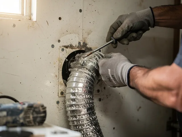 Hermosa Beach Dryer Vent Cleaning technician performing precise dryer vent hose installation in Hermosa Beach